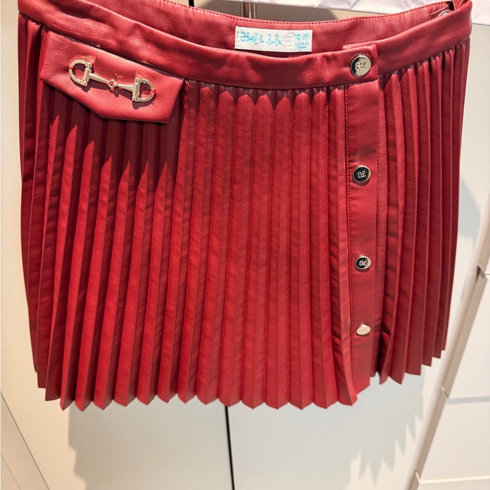 Girls Red Pleated Faux Leather Skirt with Buckle Detail